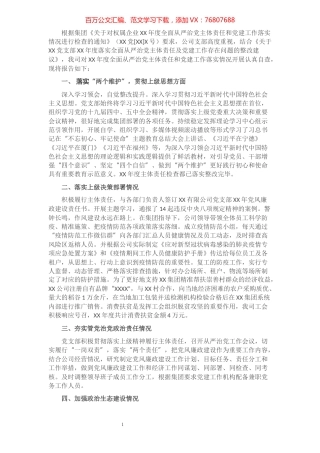 XX公司全面从严治党主体责任和党建工作落实情况检查自查报告.docx