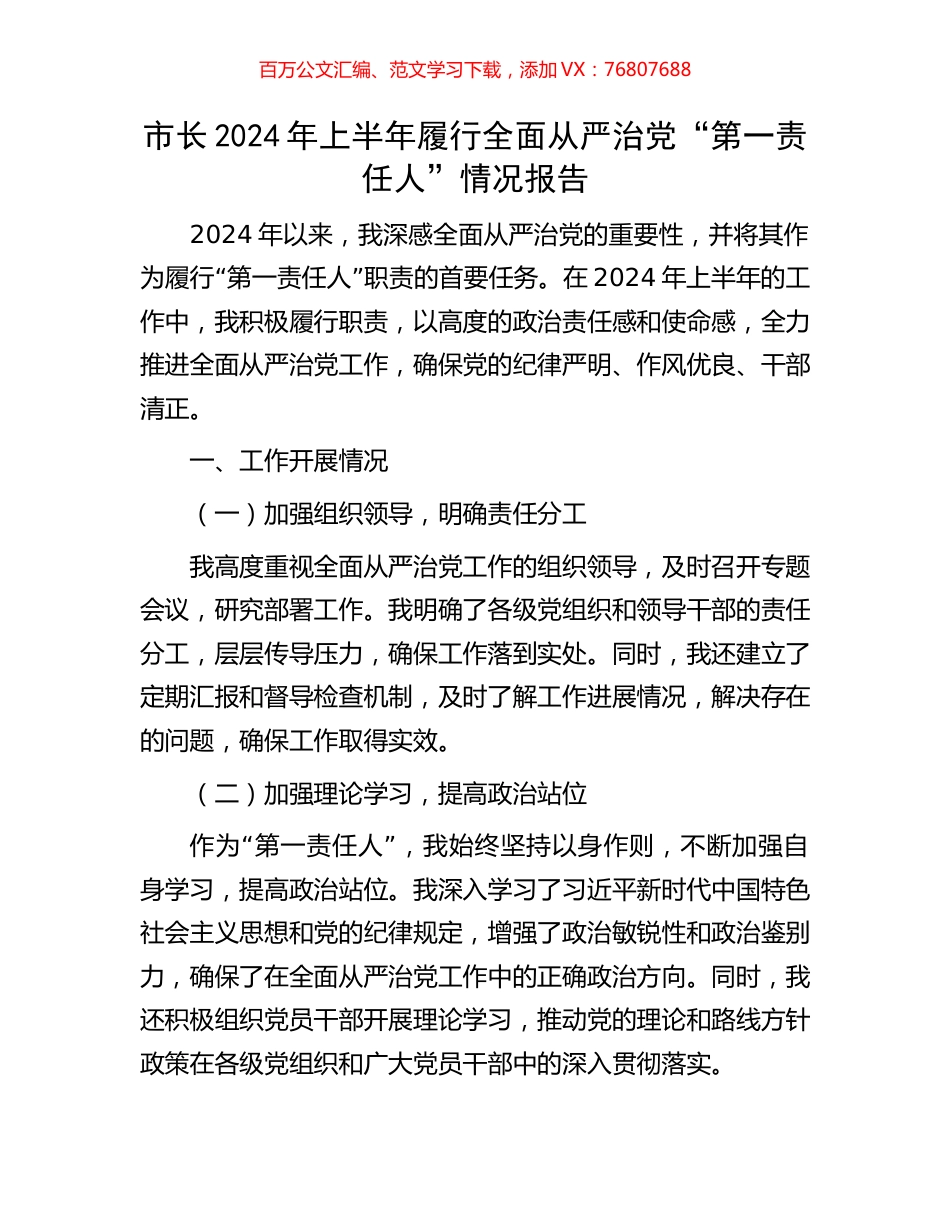 市长2024年上半年履行全面从严治党“第一责任人”情况报告.docx_第1页