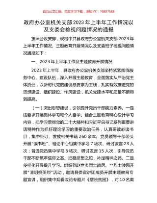 政府办公室机关支部2023年上半年工作情况以及支委会检视问题情况的通报.docx
