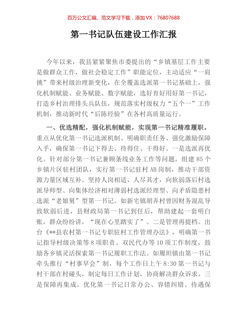 第一书记队伍建设工作汇报.docx_第1页