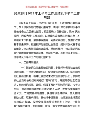 民政部门2023年上半年工作总结及下半年工作思路.docx