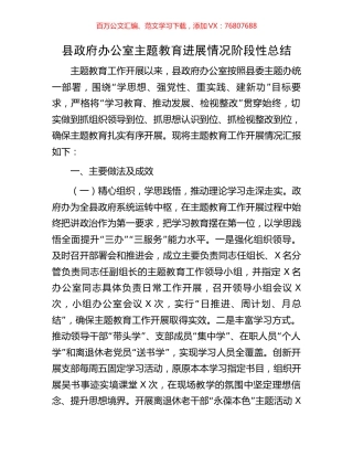 县政府办公室主题教育进展情况阶段性总结.docx