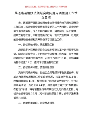 局道路运输执法领域突出问题专项整治工作情况总结.docx
