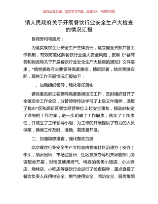 镇人民政府关于开展餐饮行业安全生产大检查的情况汇报.docx