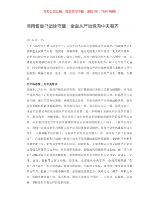 湖南省委书记徐守盛：全面从严治党向中央看齐.docx