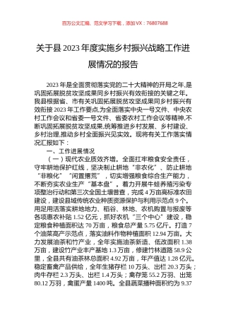 关于县2023年度实施乡村振兴战略工作进展情况的报告.docx