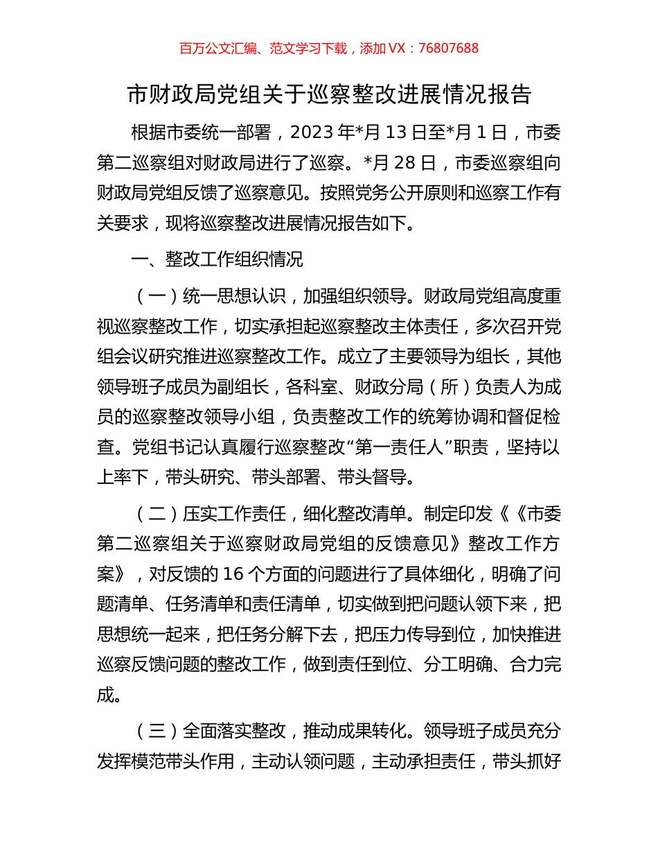 市财政局党组关于巡察整改进展情况报告.docx_第1页