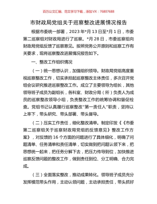 市财政局党组关于巡察整改进展情况报告.docx