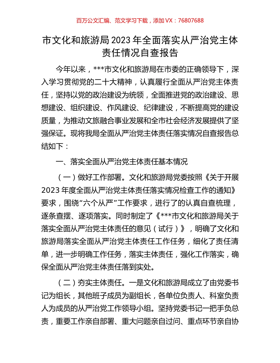 市文化和旅游局2023年全面落实从严治党主体责任情况自查报告.docx_第1页