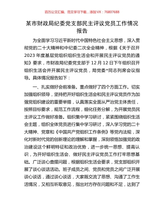 某市财政局纪委党支部民主评议党员工作情况报告.docx