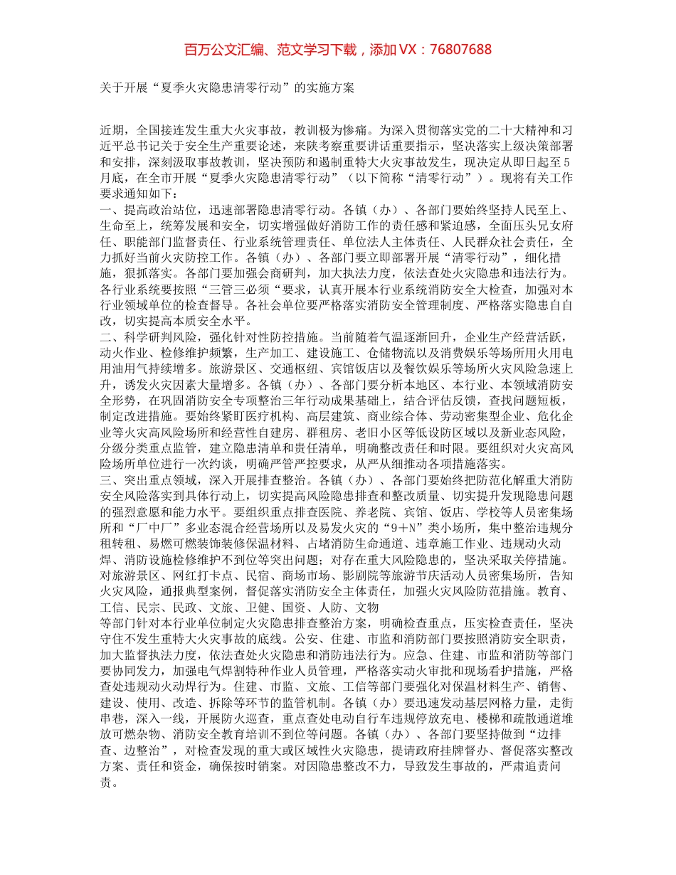 关于开展“夏季火灾隐患清零行动”的实施方案.docx_第1页