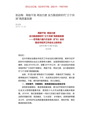 张远梅：再鼓干劲  再加力度  全力推进新时代“三个洪湖”高质量发展.docx