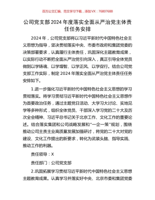 公司党支部2024年度落实全面从严治党主体责任任务安排.docx