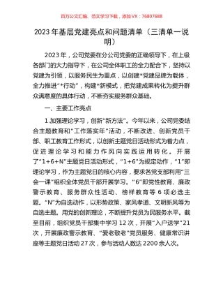 2023年基层党建亮点和问题清单（三清单一说明）.docx
