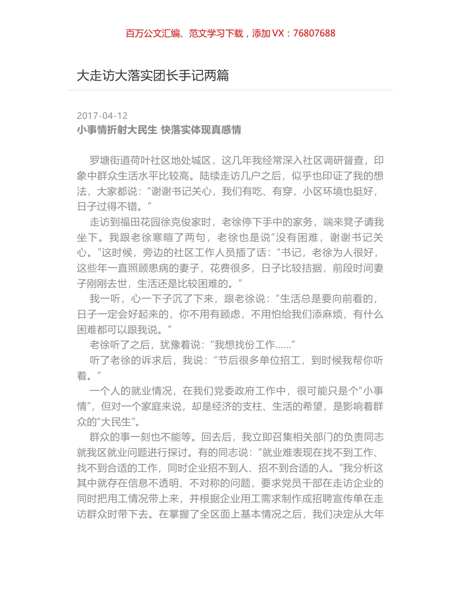 大走访大落实团长手记两篇.docx_第1页
