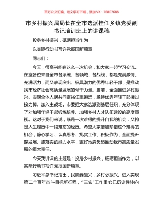 市乡村振兴局局长在全市选派挂任乡镇党委副书记培训班上的讲课稿.docx