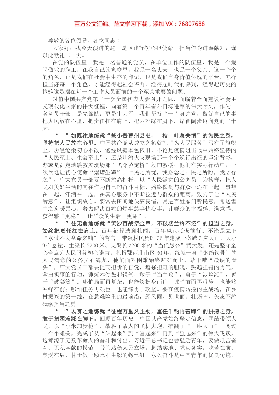喜迎盛会演讲稿：践行初心担使命 担当作为讲奉献.docx_第1页