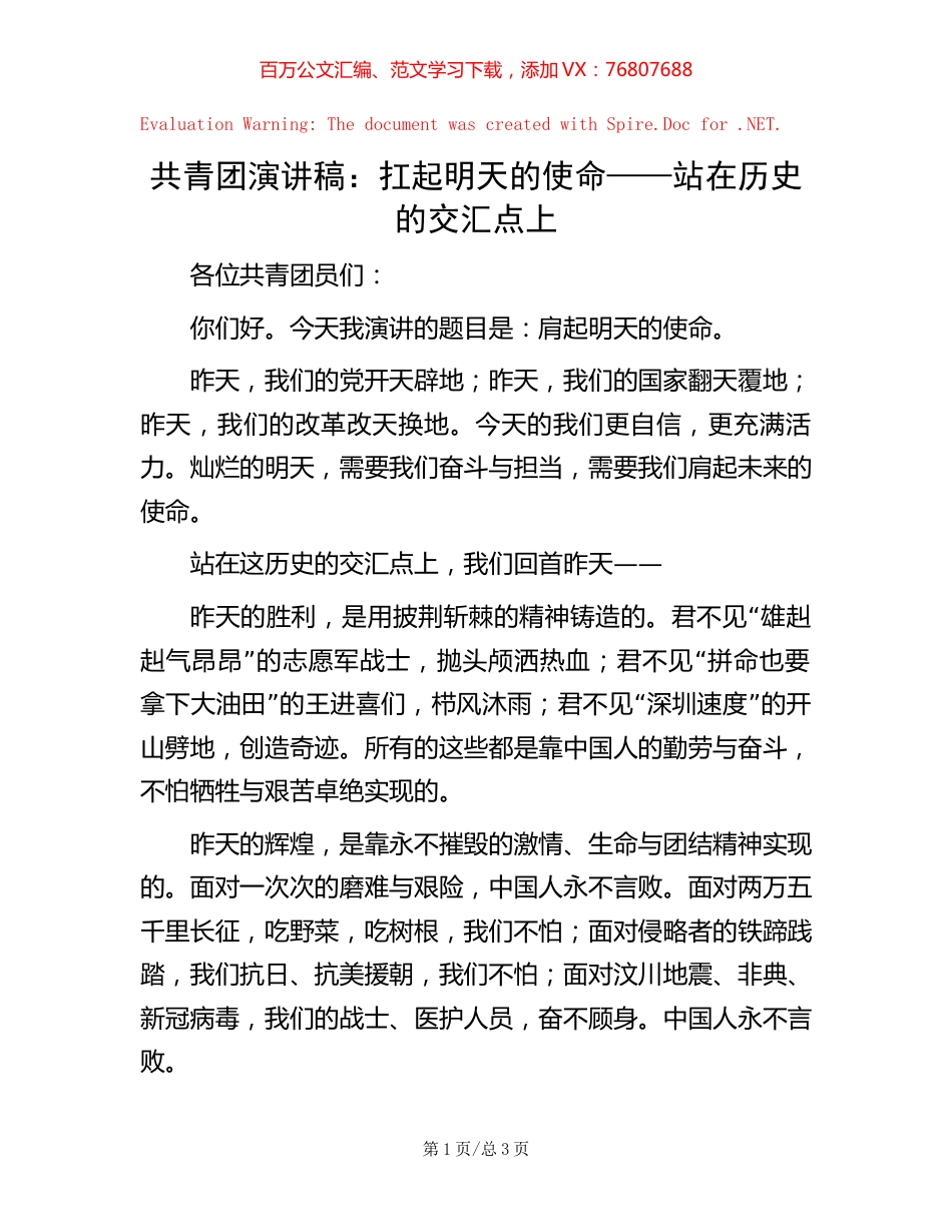 共青团演讲稿：扛起明天的使命——站在历史的交汇点上.docx_第1页