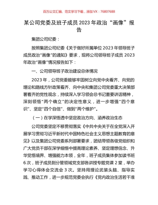 某公司党委及班子成员2023年政治“画像”报告.docx