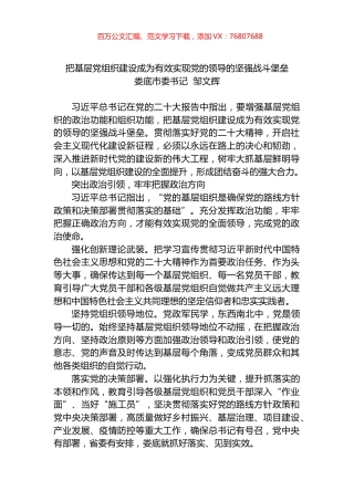 娄底市委书记邹文辉：把基层党组织建设成为有效实现党的领导的坚强战斗堡垒.docx