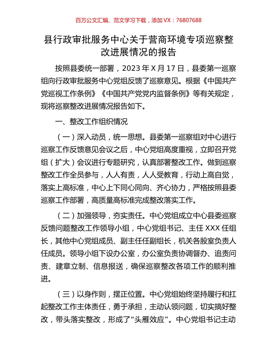县行政审批服务中心关于营商环境专项巡察整改进展情况的报告.docx_第1页