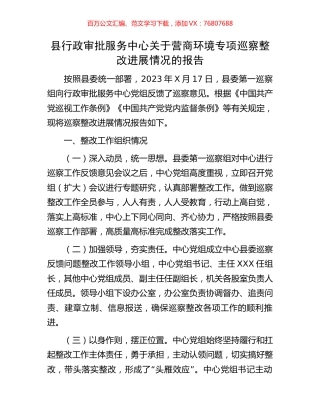 县行政审批服务中心关于营商环境专项巡察整改进展情况的报告.docx