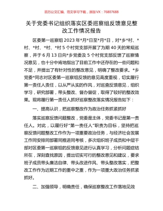关于党委书记组织落实区委巡察组反馈意见整改工作情况报告.docx