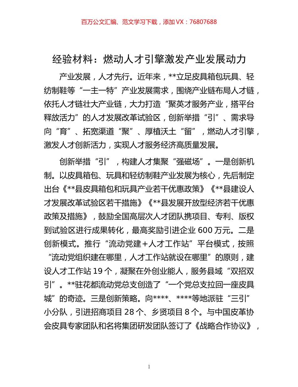 -经验材料：燃动人才引擎 激发产业发展动力.docx_第1页