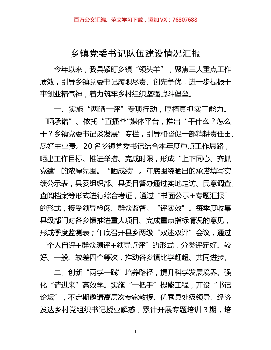 -乡镇党委书记队伍建设情况汇报.docx_第1页