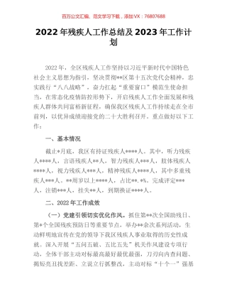 2022年残疾人工作总结及2023年工作计划.docx