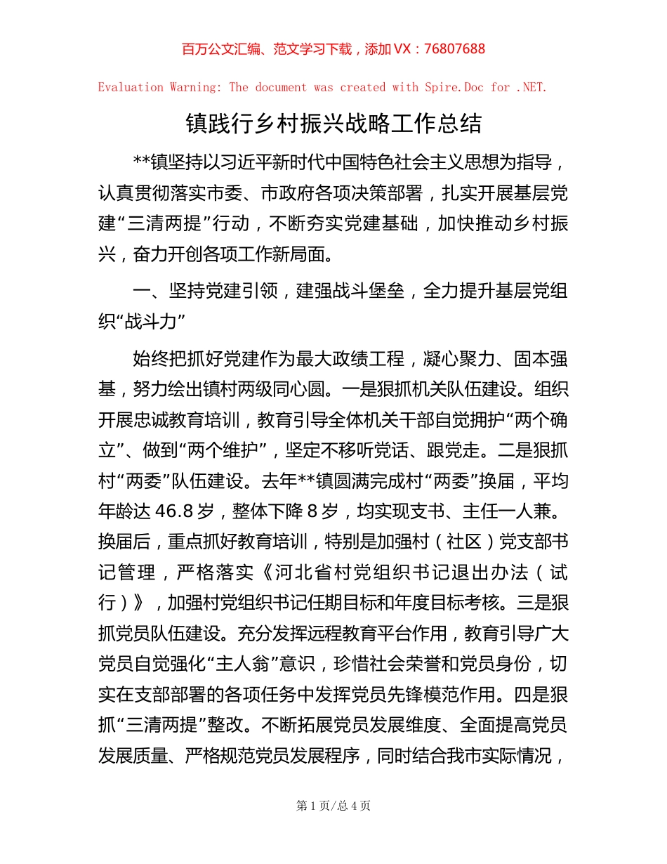 镇践行乡村振兴战略工作总结 (2).docx_第1页