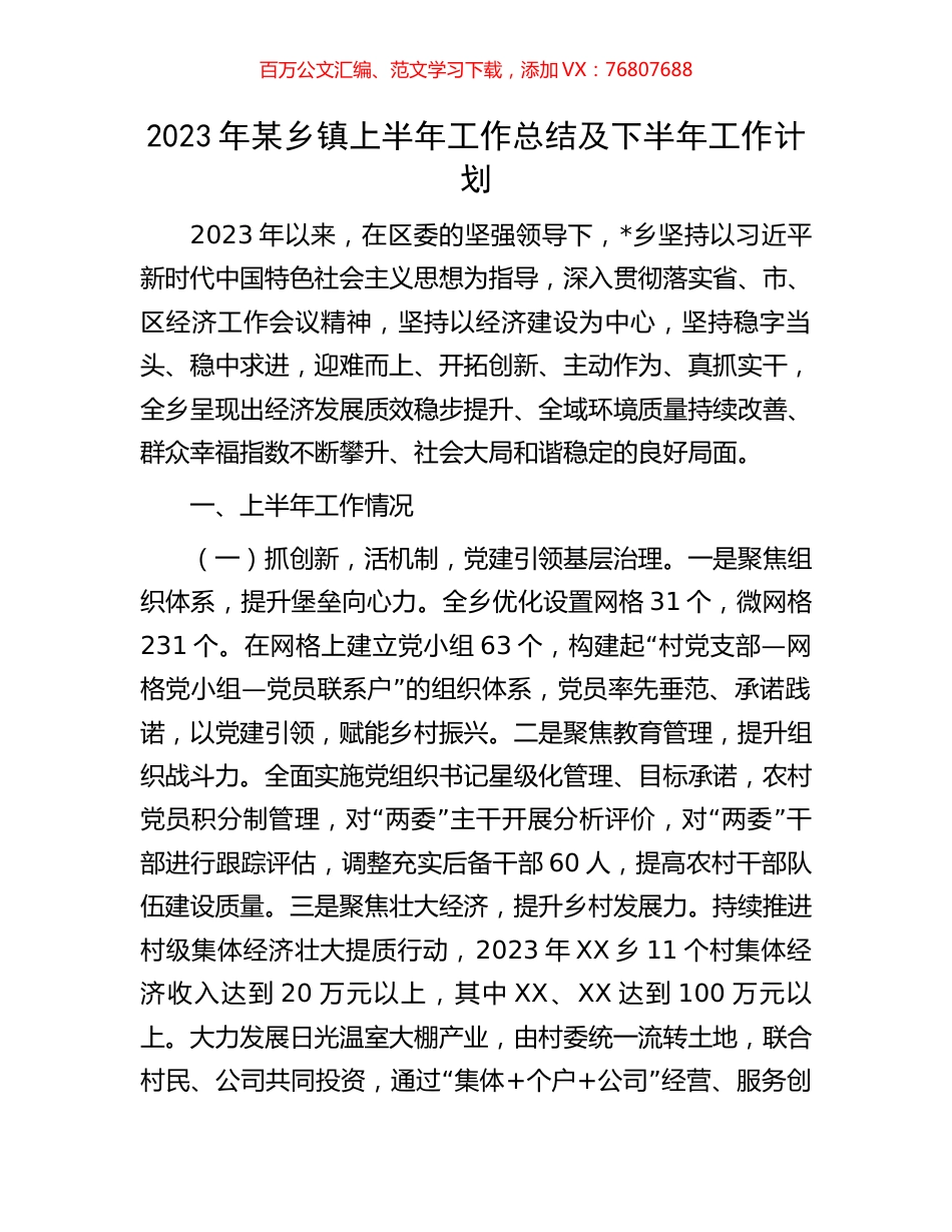 2023年某乡镇上半年工作总结及下半年工作计划.docx_第1页