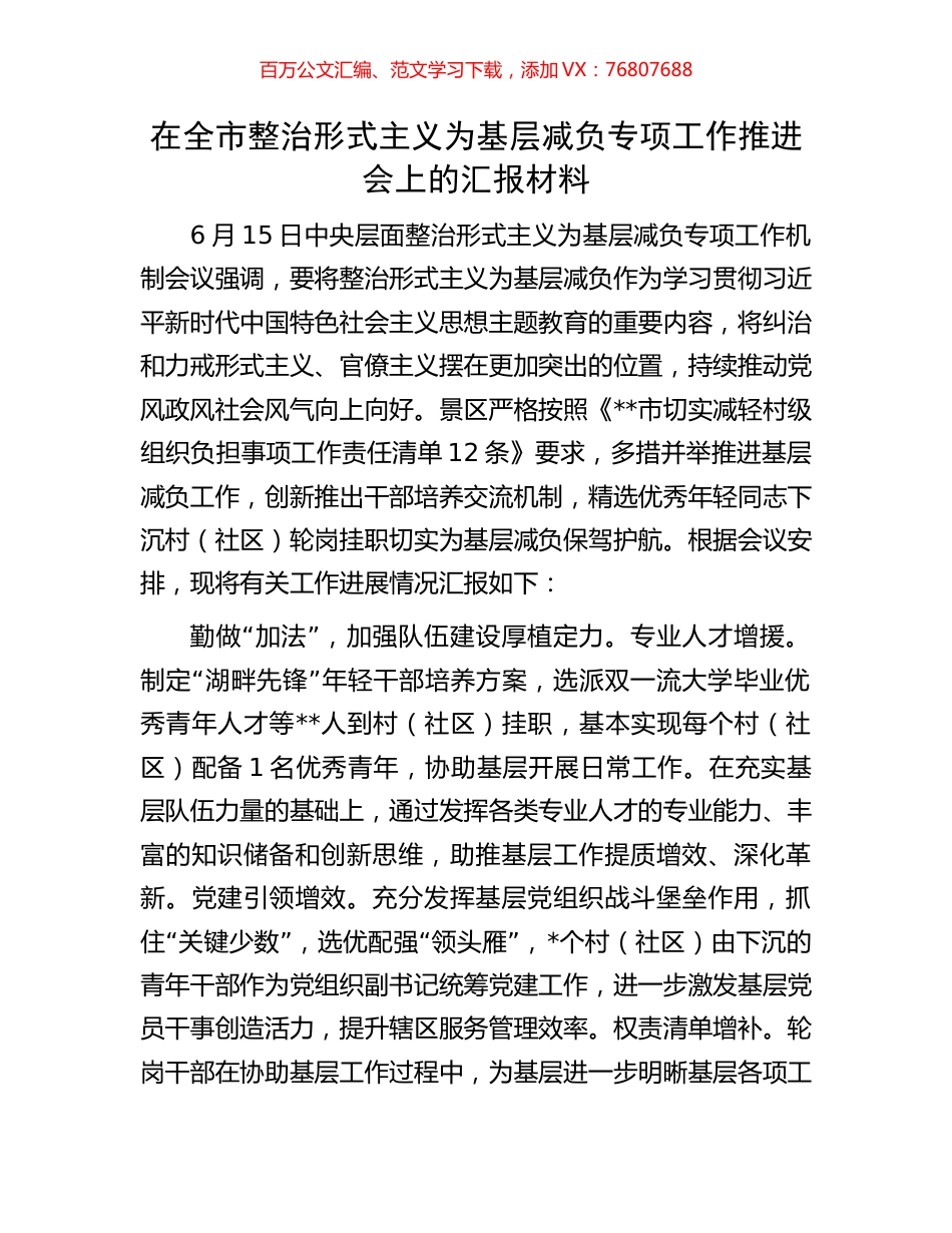 在全市整治形式主义为基层减负专项工作推进会上的汇报材料.docx_第1页