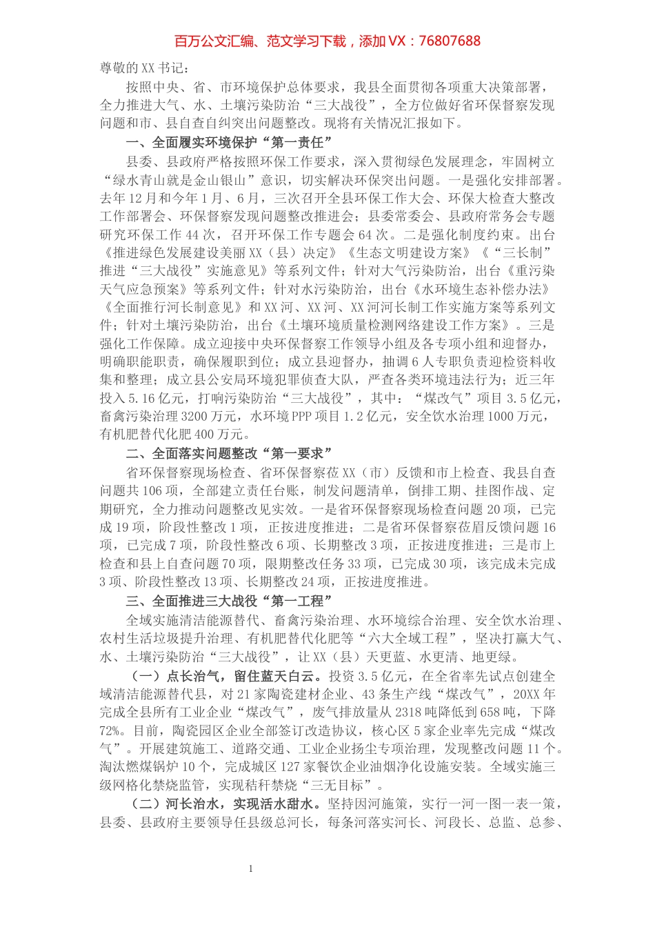 X县迎接中央环保督察工作推进情况汇报​​​​​​​​​​​​​.docx_第1页