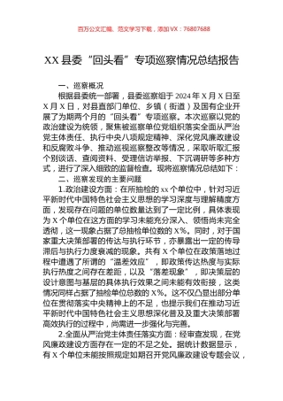 XX县委“回头看”专项巡察情况总结报告.docx