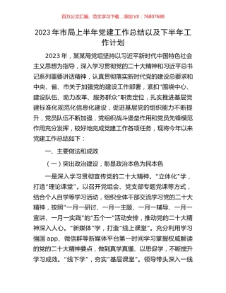 2023年市局上半年党建工作总结以及下半年工作计划.docx