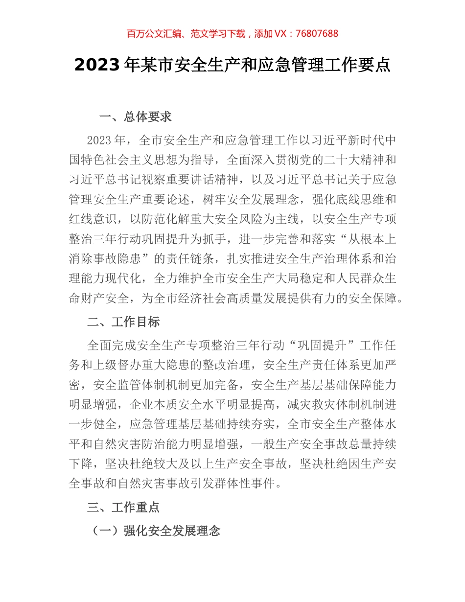 2023年某市安全生产和应急管理工作要点.docx_第1页