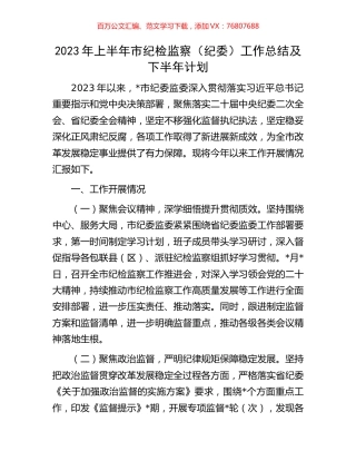 2023年上半年市纪检监察（纪委）工作总结及下半年计划.docx