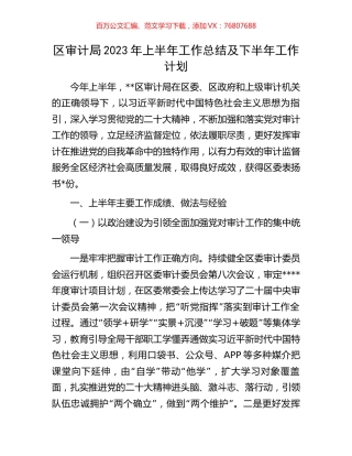 区审计局2023年上半年工作总结及下半年工作计划.docx