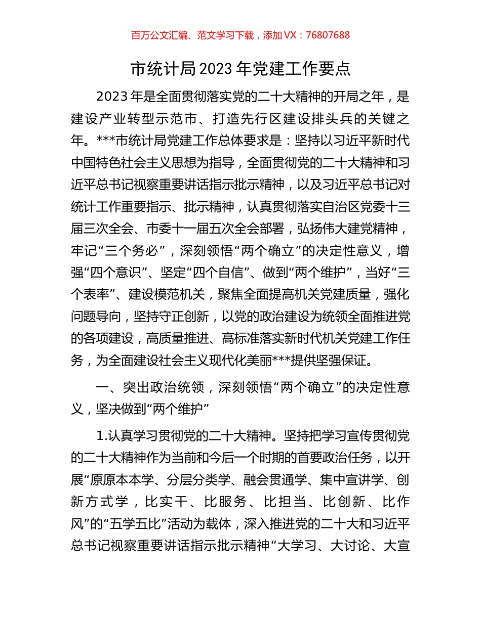 市统计局2023年党建工作要点.docx_第1页