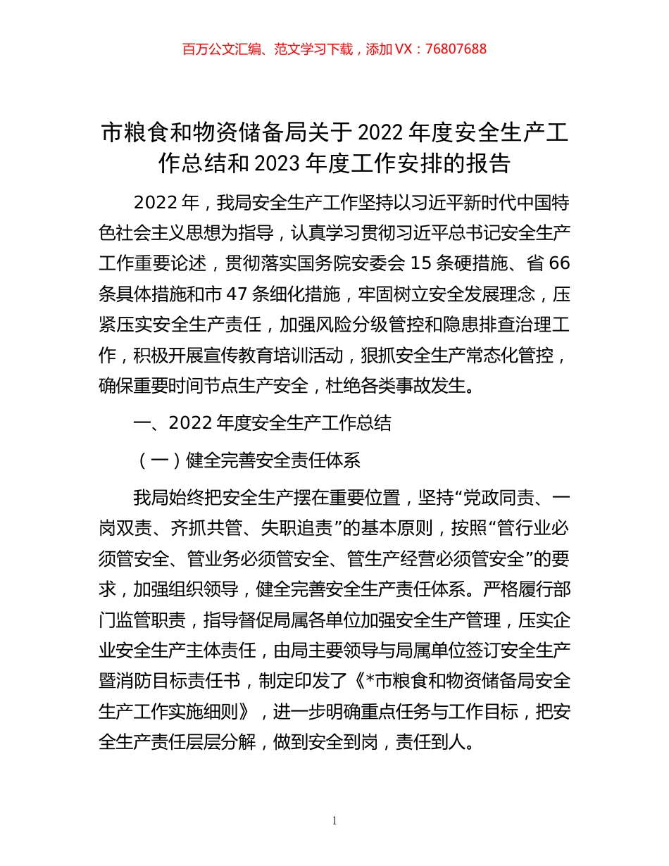 -市粮食和物资储备局关于2022年度安全生产工作总结和2023年度工作安排的报告.docx_第1页