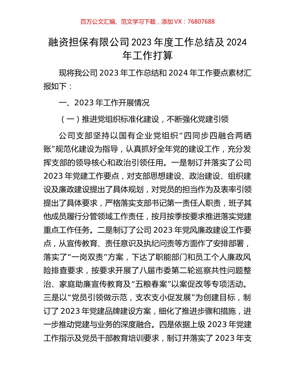 融资担保有限公司2023年度工作总结及2024年工作打算.docx_第1页