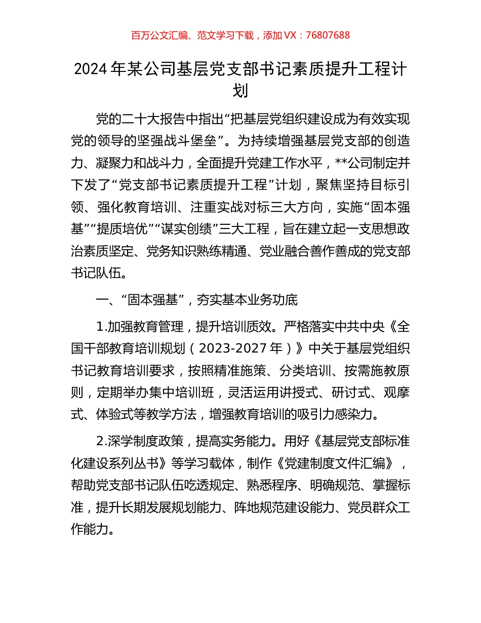 2024年某公司基层党支部书记素质提升工程计划.docx_第1页
