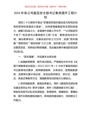 2024年某公司基层党支部书记素质提升工程计划.docx