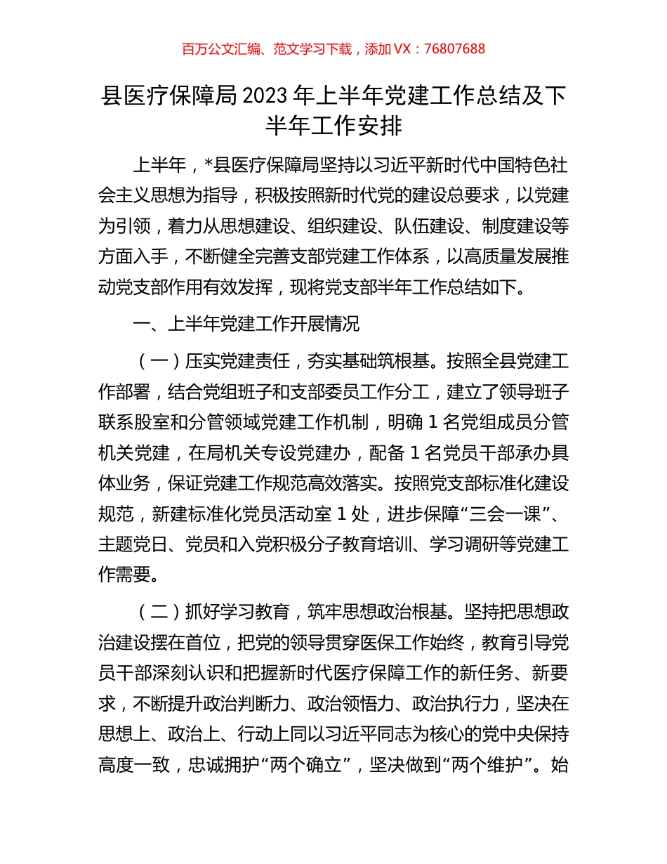 县医疗保障局2023年上半年党建工作总结及下半年工作安排.docx_第1页