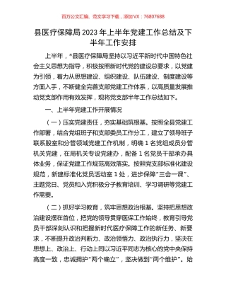 县医疗保障局2023年上半年党建工作总结及下半年工作安排.docx