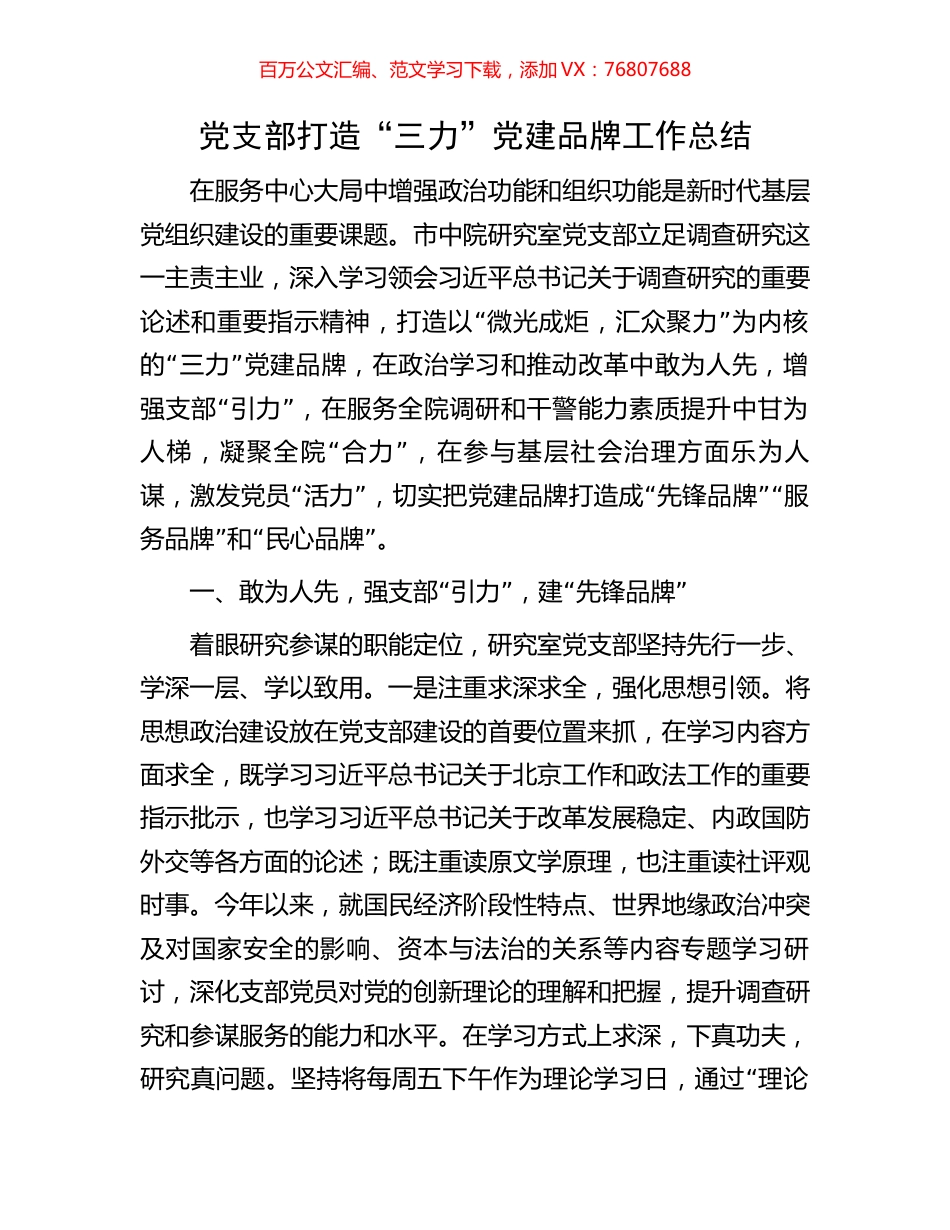 党支部打造“三力”党建品牌工作总结.docx_第1页