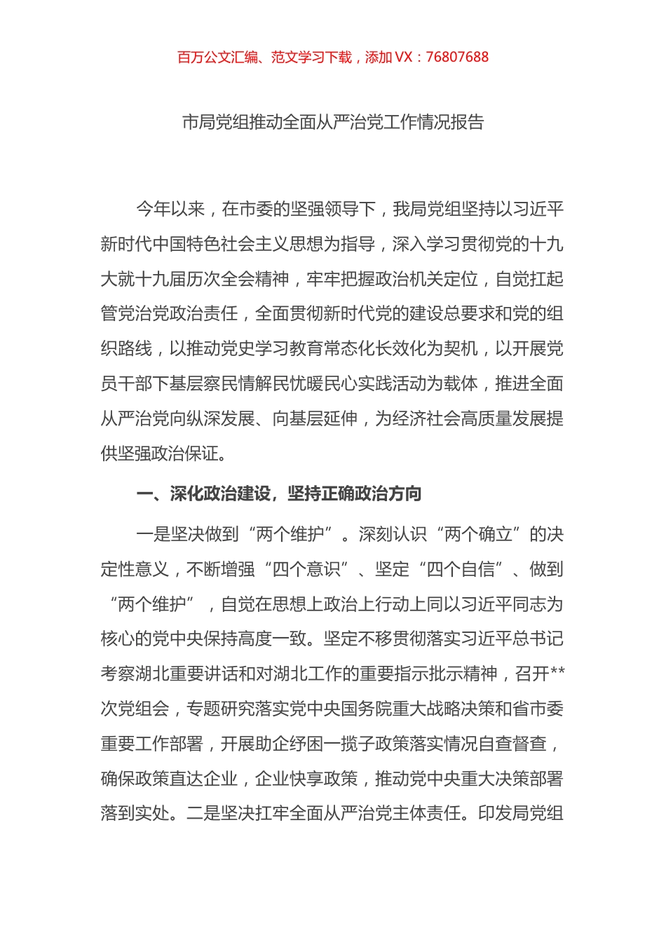 市局党组推动全面从严治党工作情况报告（总结）.docx_第1页