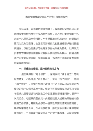 市局党组推动全面从严治党工作情况报告（总结）.docx