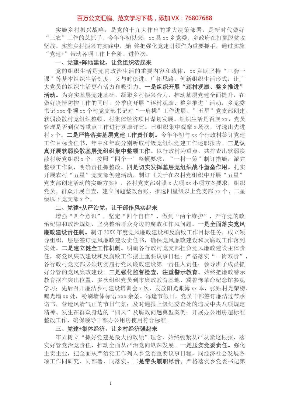 工作汇报：党建引领跑出乡村振兴加速度.docx_第1页
